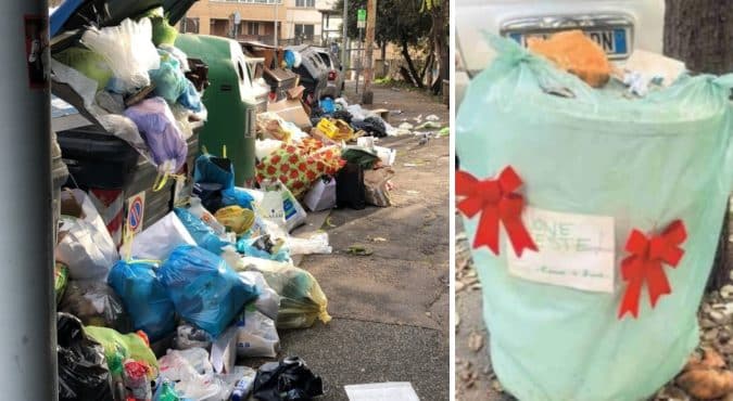 Emergenza spazzatura a Roma dopo Natale: strade e marciapiedi invasi dall’immondizia. Raccolta dei rifiuti in tilt