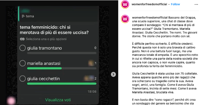 Femminicidio, sondaggio choc in una classe delle superiori: “Chi doveva morire Cecchettin, Tramontano o Anastasi?”. Intanto sono tre le donne uccise in due giorni Femminicidio, sondaggio choc in una classe delle superiori: “Chi doveva morire Cecchettin, Tramontano o Anastasi?”. Intanto sono tre le donne uccise in due giorni
