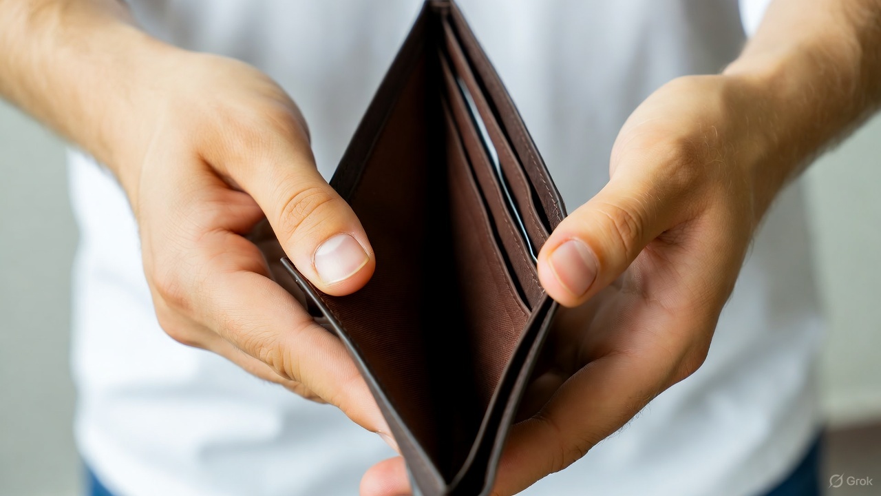 Manovra tredicesima portafoglio povertà soldi banconote monete ( Immagine generata con Grok )