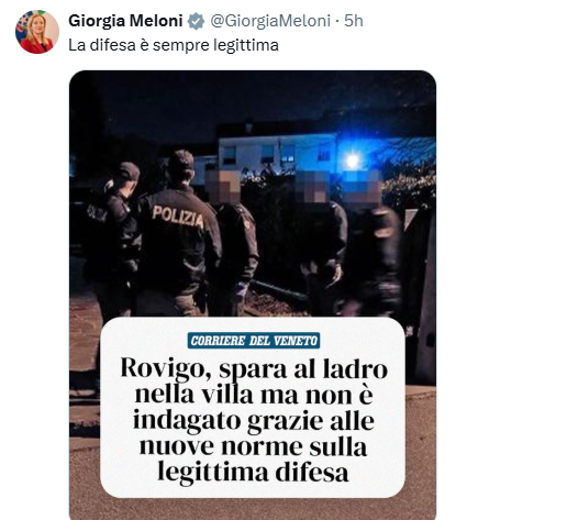 “La difesa è sempre legittima”: anziano di Rovigo spara al rapinatore, Meloni e Salvini esultano sui Social