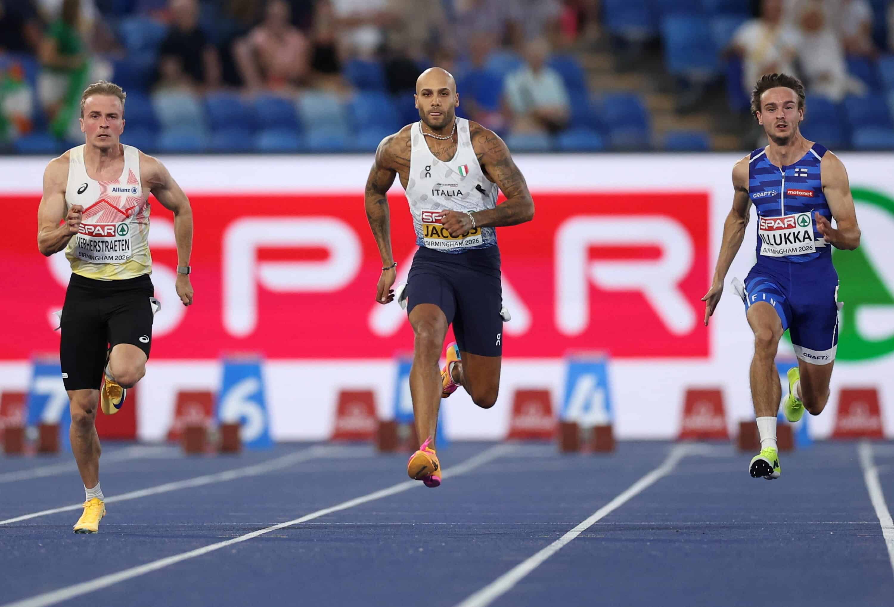 Marcell Jacobs nella finale dei 100 metri agli Europei di atletica 2026 a Birmingham